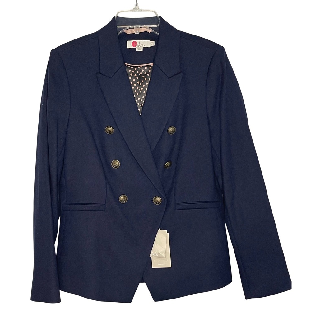 Boden Women's Size 10 Navy Blue Double Breasted Crest Button Blazer NWT